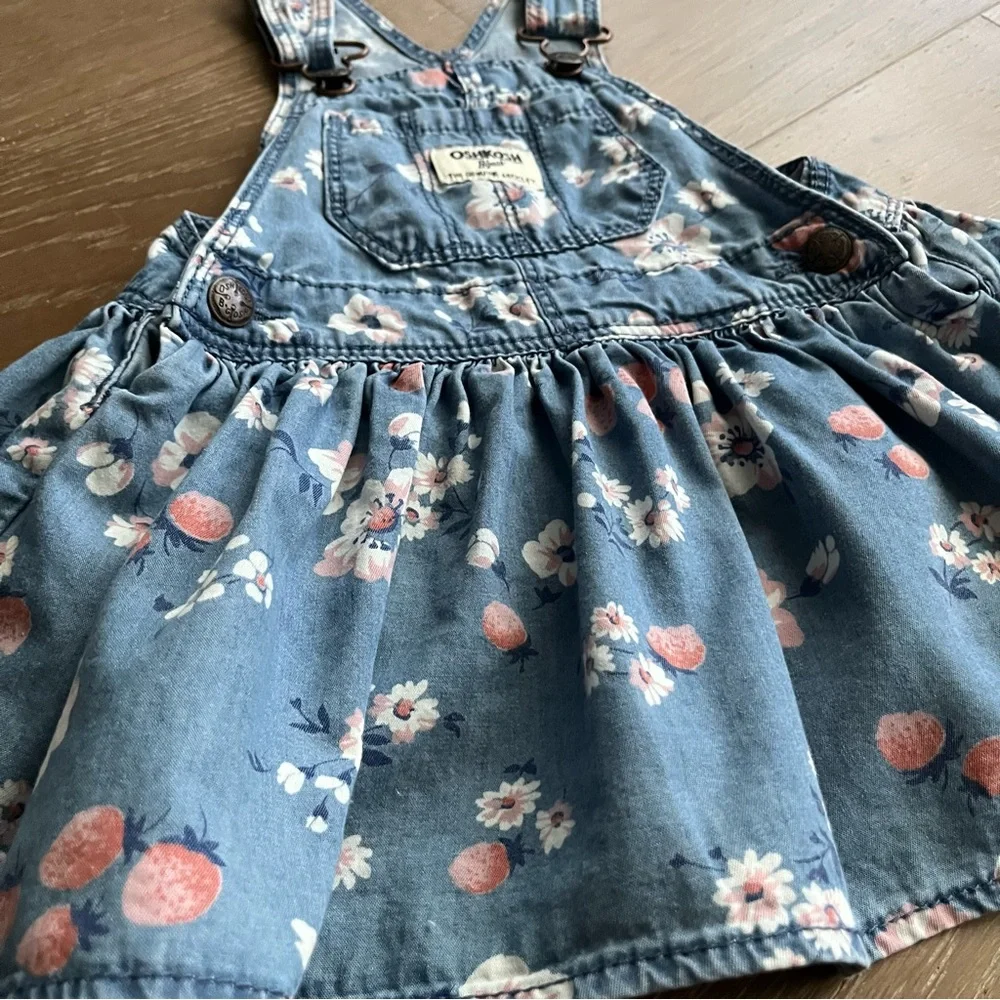 OshKosh B'gosh Vintage Floral Strawberry Denim Jumper Overall Dress Size 12M